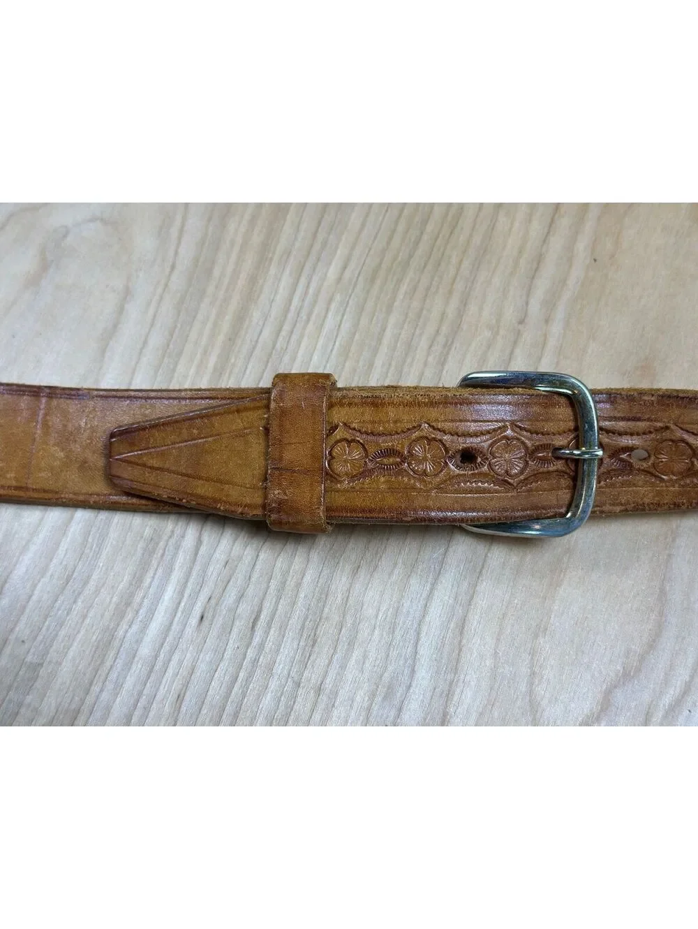 Vintage 70s Western Leather Belt 38 woven tooled floral flowers 1-3/8